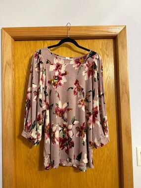 Sew In Love Mauve Floral Boatneck Blouse with Berry Accents